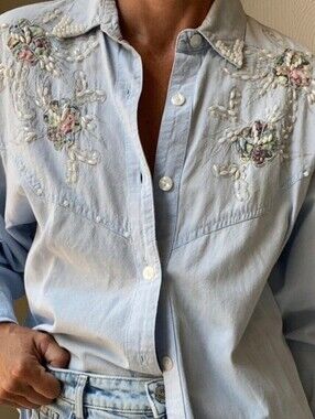 Jane Ashley Vintage Western Cottage Core Top With Lots Of Stones & Pearls Size L